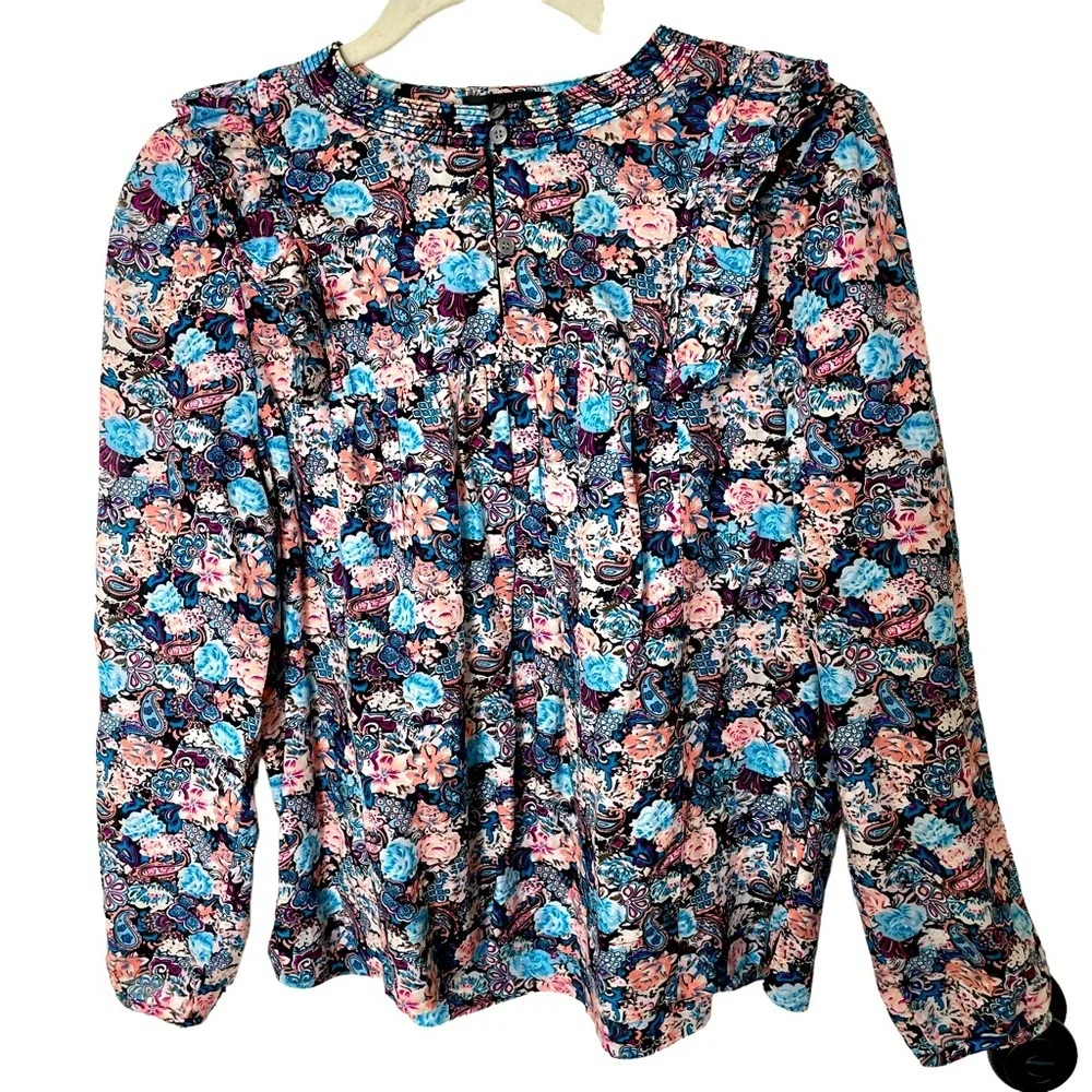 J. Crew Esperanza‎ Blue Peach Floral Paisley Ruffle Trim Top in Size Extra Small